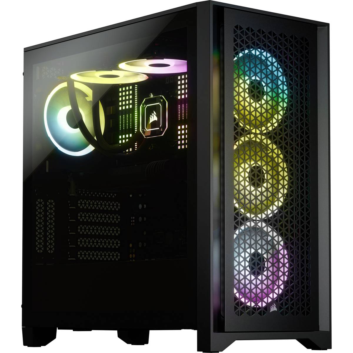 Boîtier d'ordinateur noir avec côté transparent, révélant des ventilateurs colorés et lumineux et des composants matériels, mis en valeur par un éclairage RVB.