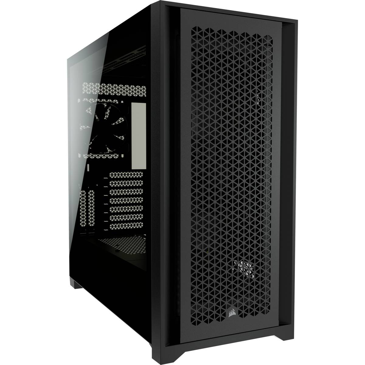 Boîtier PC noir avec fenêtre latérale en verre et ouvertures de ventilation frontales, adapté aux projets de construction de PC ou aux mises à niveau matérielles.