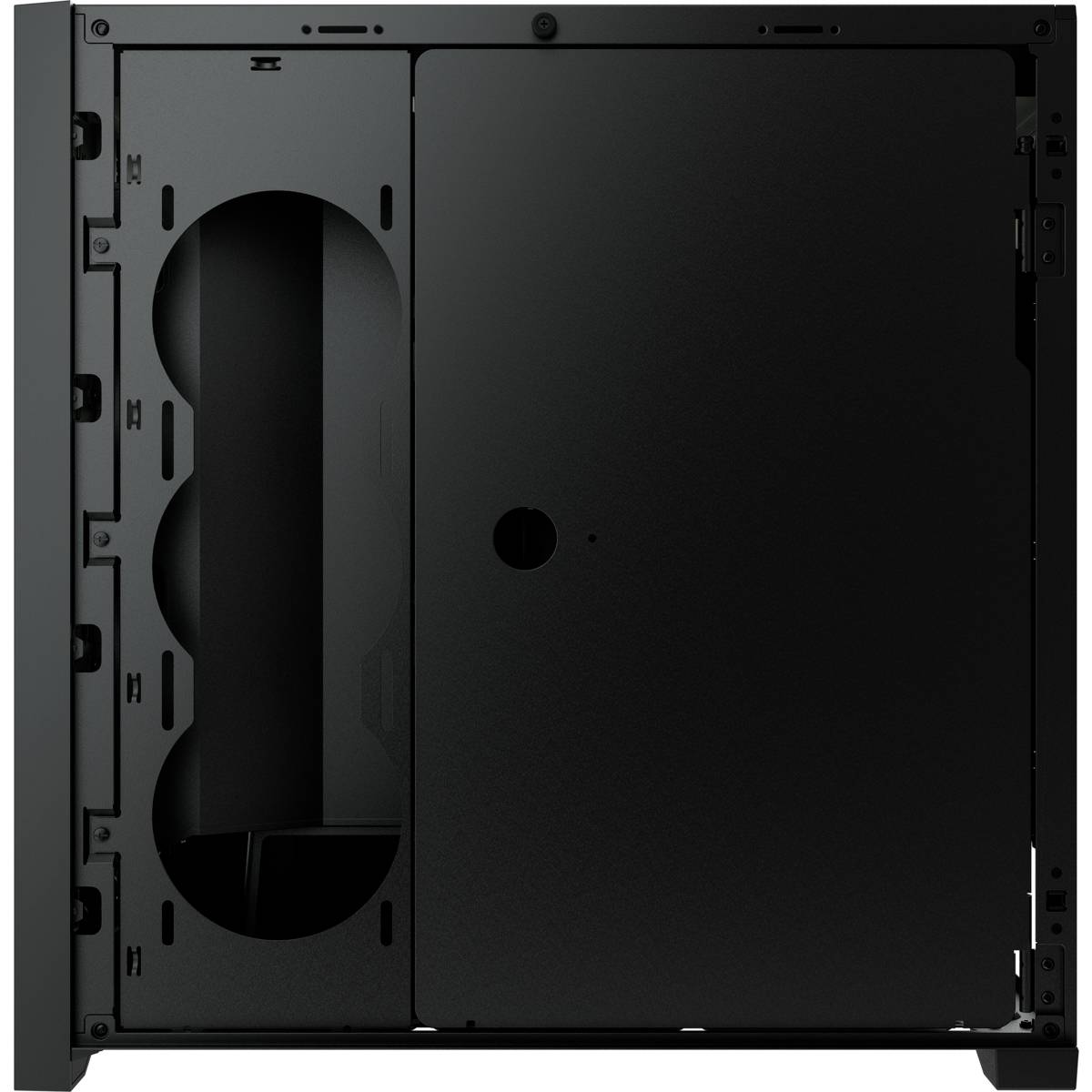 Boîtier d'ordinateur avec couvercle latéral retiré, montrant les ouvertures de ventilation à l'arrière. Adapté au montage de composants internes.