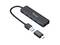 Hub USB à quatre ports avec câble intégré, offrant des connexions USB de type A et type C, noir.