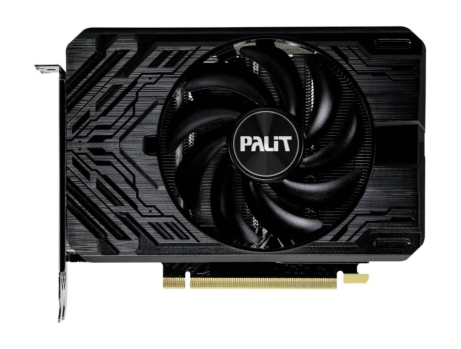 Une carte graphique noire de PALIT avec un ventilateur central et des connexions dorées, adaptée aux applications informatiques hautes performances.