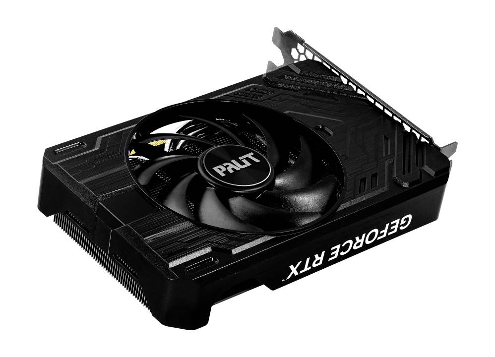 Carte graphique de la marque Palit portant l'inscription 'GEFORCE RTX'. La carte est noire avec un grand ventilateur en surface.