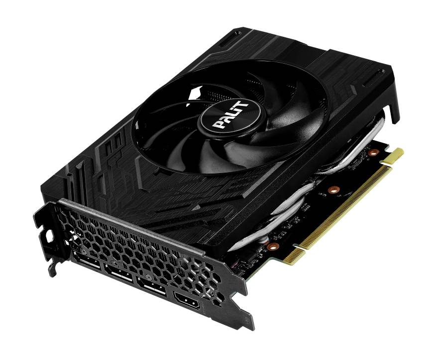 Une carte graphique noire avec un grand ventilateur et un connecteur PCIe. Le côté présente plusieurs sorties vidéo, dont HDMI et DisplayPort.