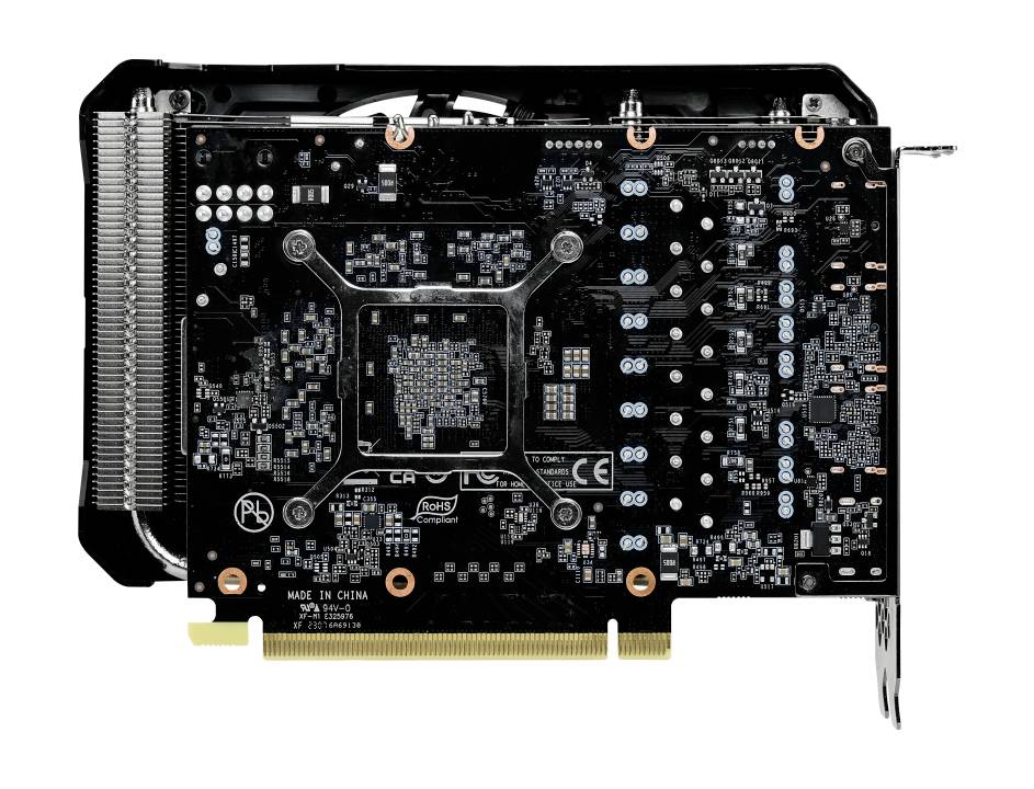'Dos d'une carte graphique avec des circuits et des connexions visibles, photographié sur un fond blanc.'