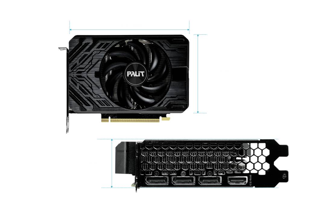 Carte graphique vue de dessus : design noir avec ventilateur au centre. Vue latérale montrant les ports HDMI et DisplayPort.