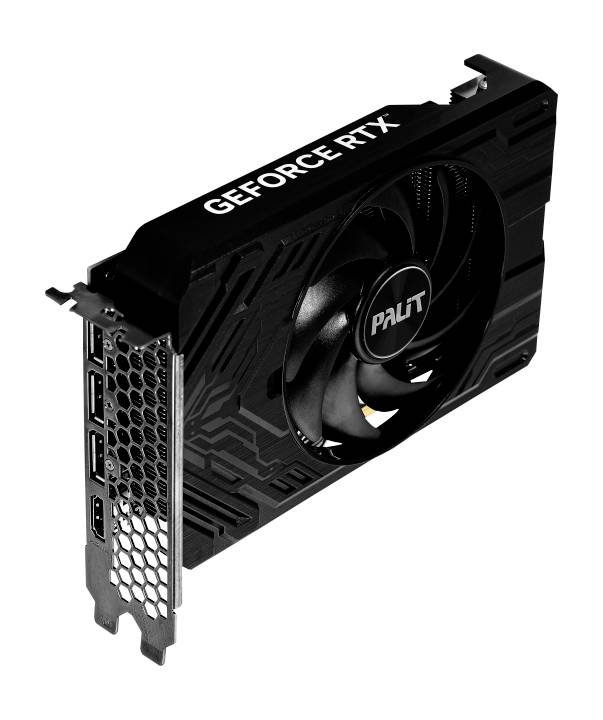 'Carte graphique GeForce RTX de Palit, représentée de côté. Montre les ventilateurs et les ports de connexion. Boîtier noir avec texte blanc.'