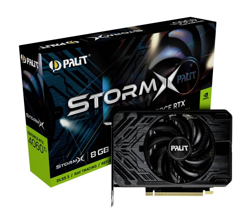 Carte graphique 'Palit GeForce RTX 4060 Ti StormX', 8 Go de mémoire VRAM, l'emballage présente DLSS 3, Ray Tracing, support Reflex.