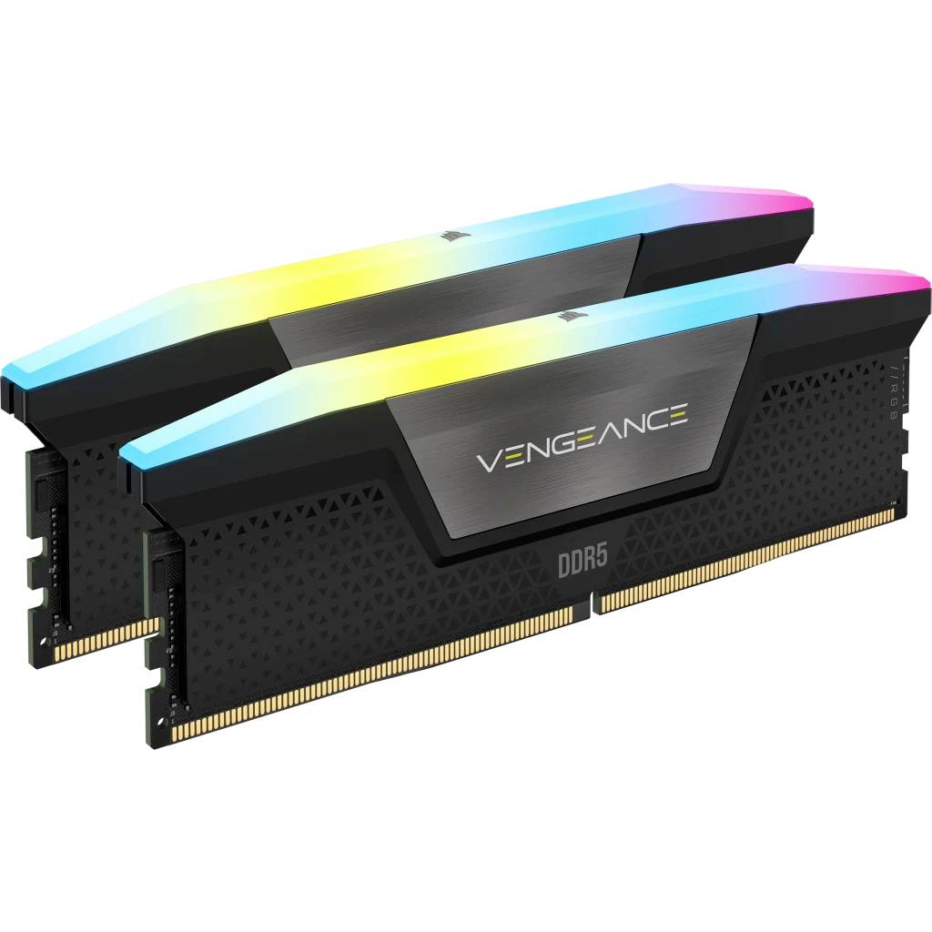 Deux modules de RAM DDR5 avec éclairage RVB, de la marque 'Vengeance', sur un fond noir. Adaptés aux PC hautes performances.