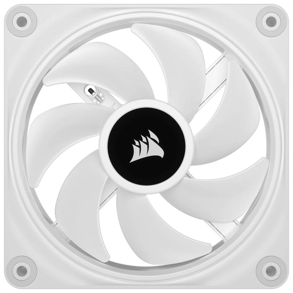 Un ventilateur blanc pour ordinateur avec plusieurs pales, un logo central et un cadre carré. Adapté pour le refroidissement de PC.