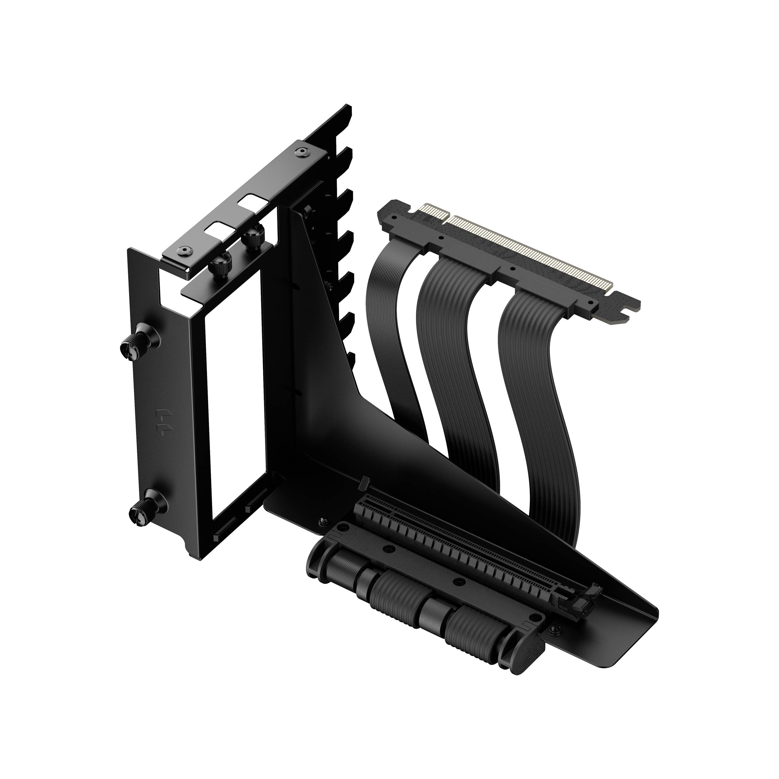 Un kit de support vertical pour GPU, composé d'un support et d'un câble flexible, permet de positionner la carte graphique dans le boîtier.