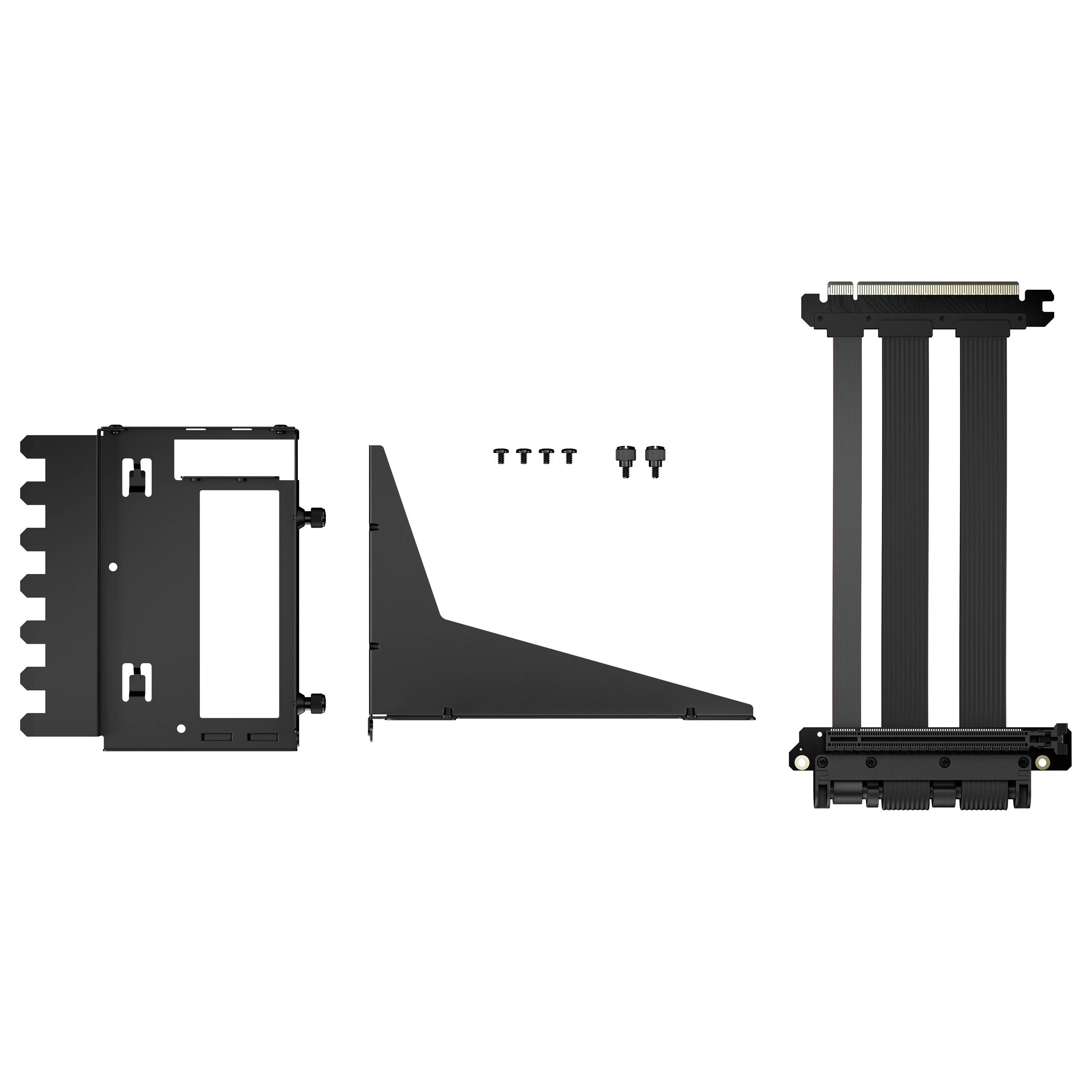 Un kit de support de GPU comprenant des vis, un support et un câble d'extension, permettant l'installation verticale d'une carte graphique.