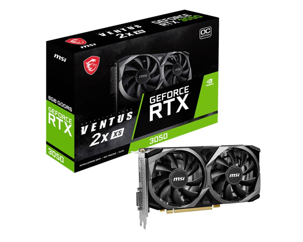 Emballage et carte graphique de la marque MSI, modèle GeForce RTX 3050, 8 Go de mémoire GDDR6, avec deux ventilateurs, présentés devant le carton.
