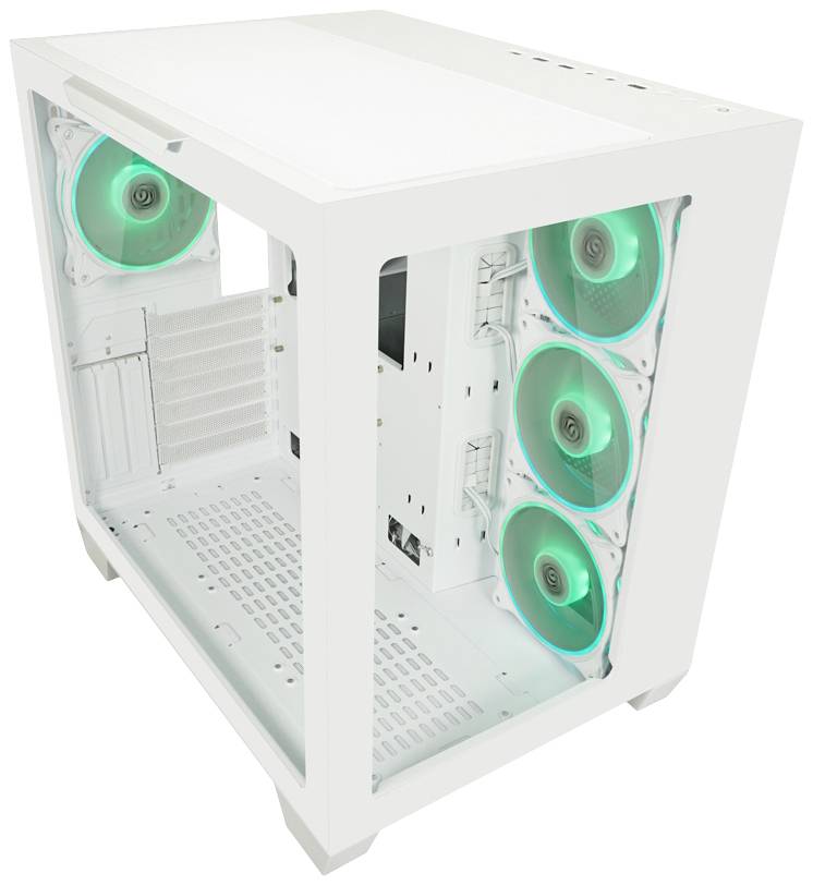 Un boîtier d'ordinateur blanc avec quatre ventilateurs LED verts intégrés, montés à l'arrière et sur le dessus.