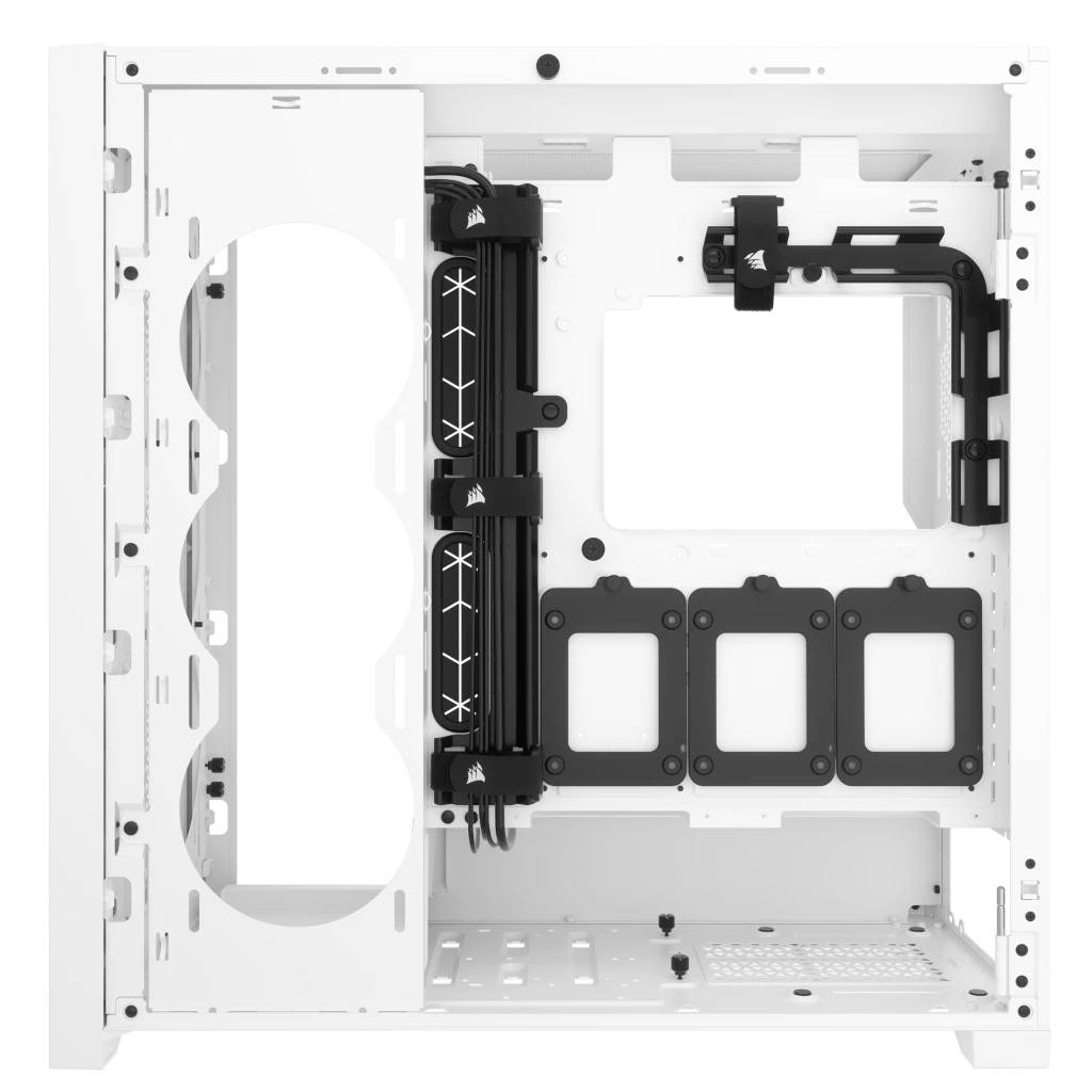 Boîtier d'ordinateur blanc avec espace intérieur ouvert, support vertical pour carte graphique et gestion des câbles.