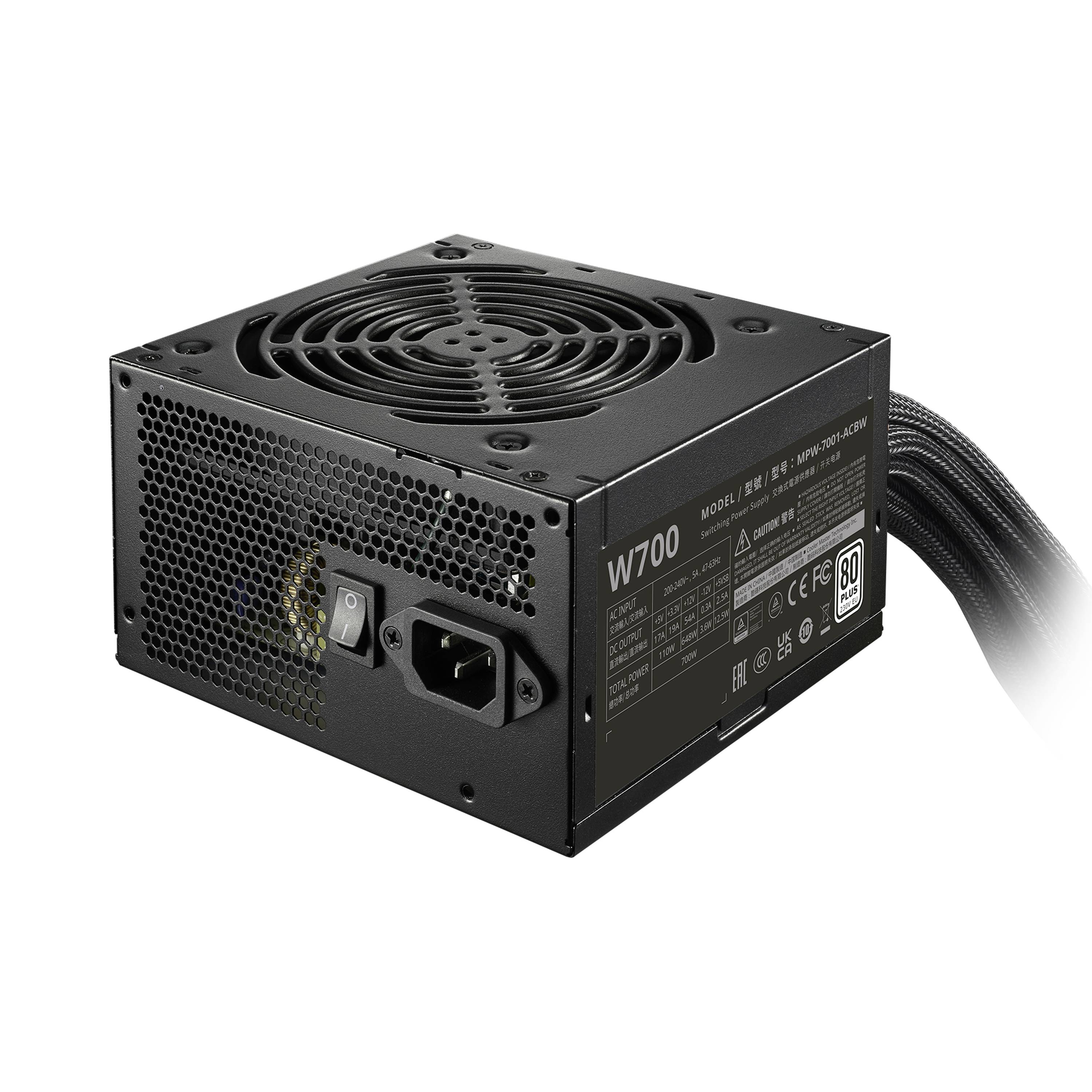 Bloc d'alimentation avec ventilateur, numéro de modèle W700. Boîtier noir avec plusieurs ports et câbles pour la connexion aux composants informatiques.