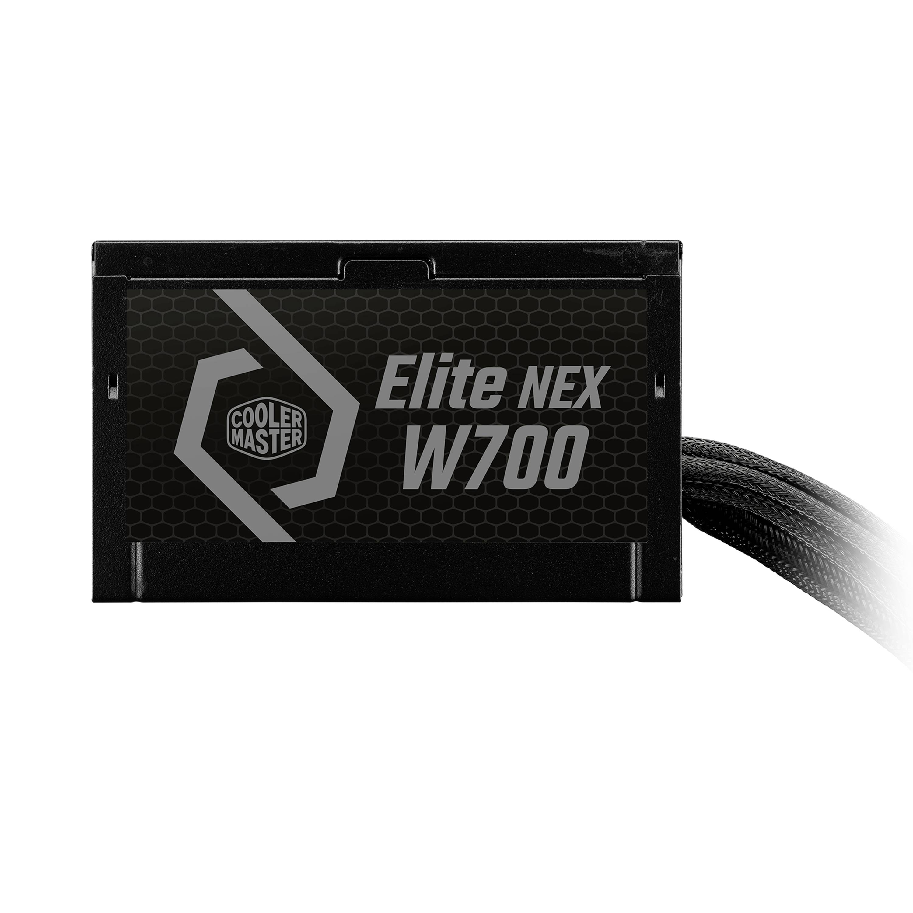 Bloc d'alimentation noir portant l'inscription 'Cooler Master Elite NEX W700', câbles sur le côté.