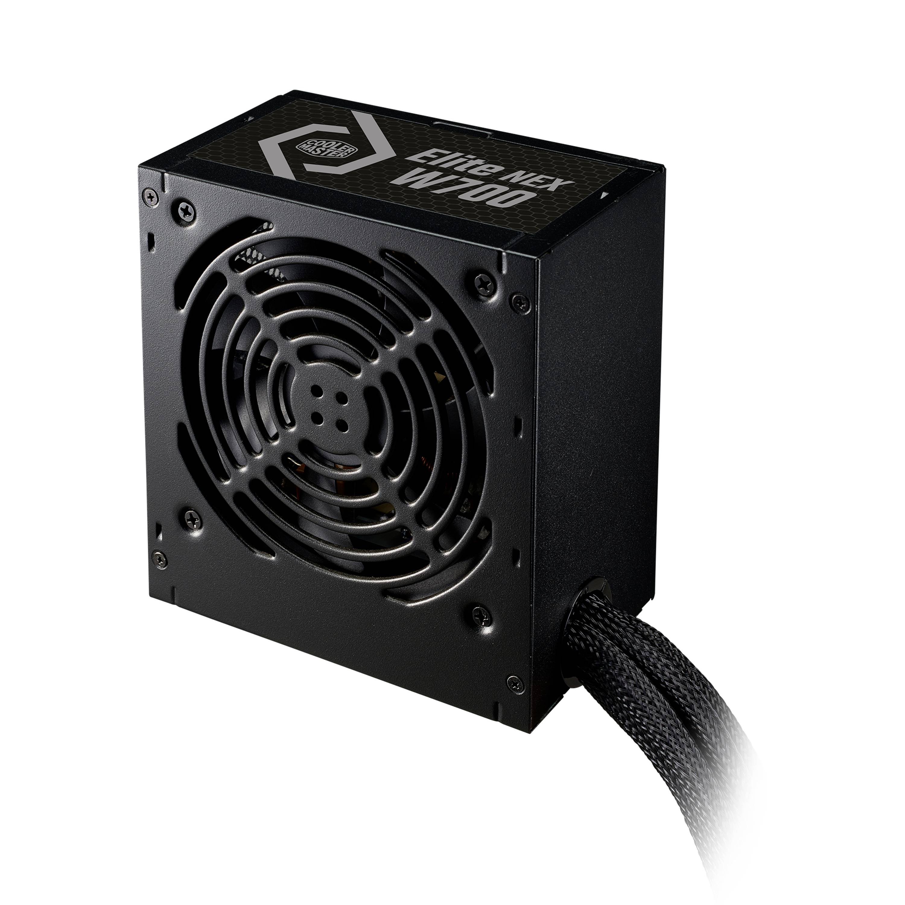 Bloc d'alimentation d'ordinateur noir avec ventilateur et câbles, modèle 'Elite NEX II V2-400'.
