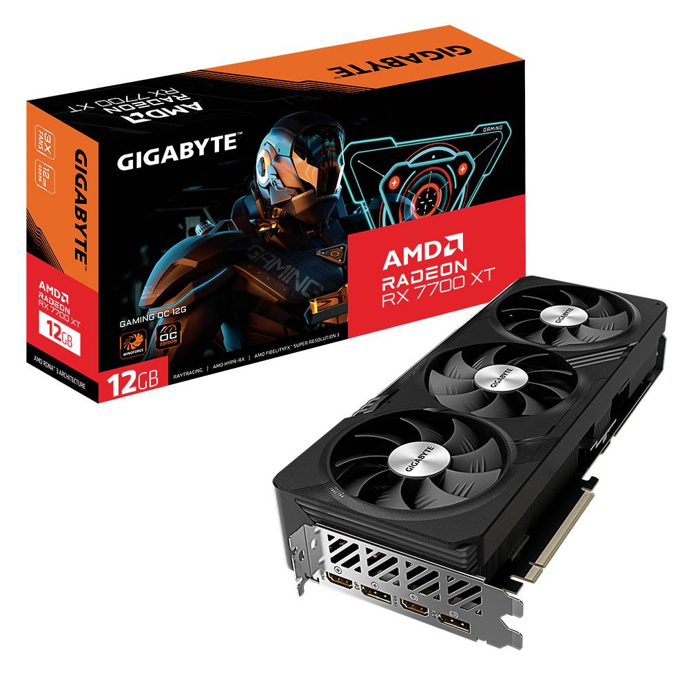 Une carte graphique Gigabyte AMD Radeon RX 7700 XT avec 12 Go de mémoire, posée à côté de son emballage de produit.