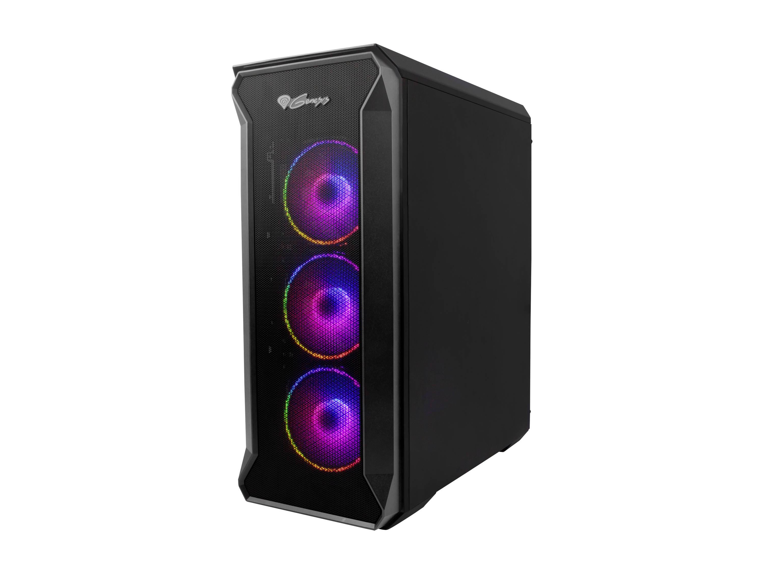 Un boîtier PC noir avec trois ventilateurs lumineux aux couleurs vives sur la façade, idéal pour les configurations de gaming.