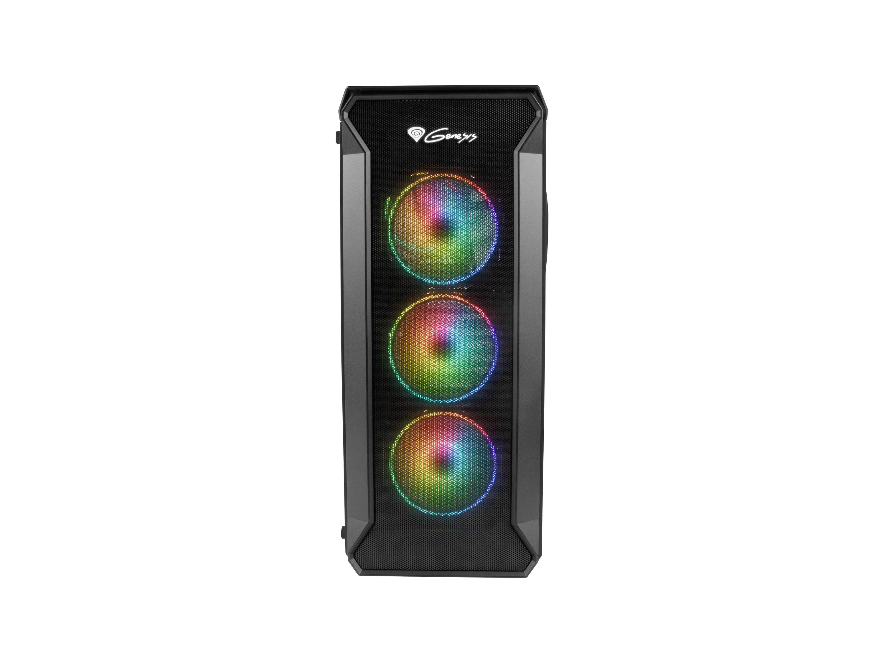 Un boîtier d'ordinateur noir avec trois ventilateurs à LED colorés et lumineux à l'avant.