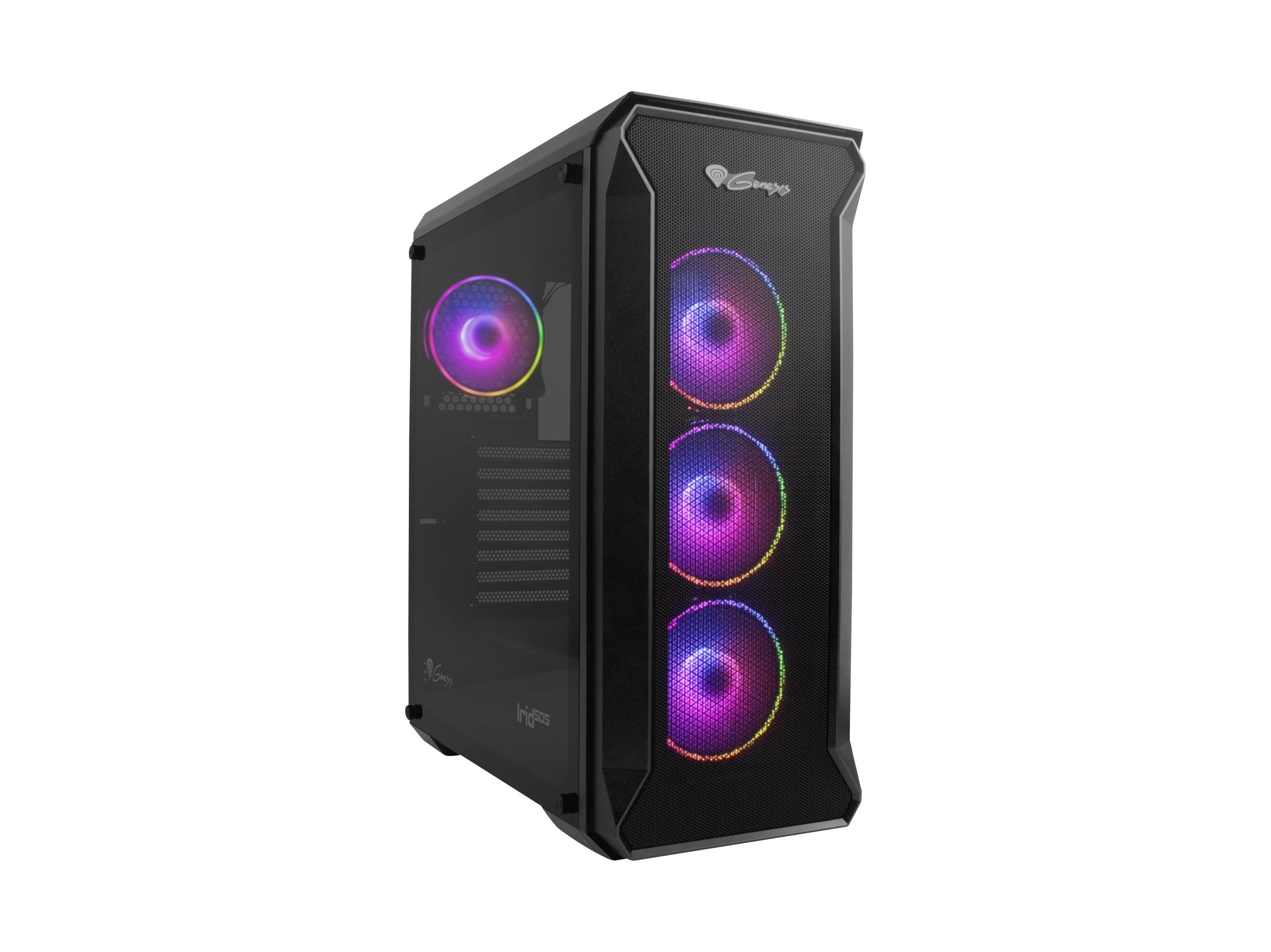 Boîtier PC noir avec fenêtre latérale et quatre ventilateurs éclairés en couleurs RVB, trois à l'avant et un à l'arrière.
