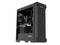 Boîtier d'ordinateur noir avec fenêtre transparente, montrant des composants et des ventilateurs éclairés par RGB. Style épuré et moderne pour PC de gaming.