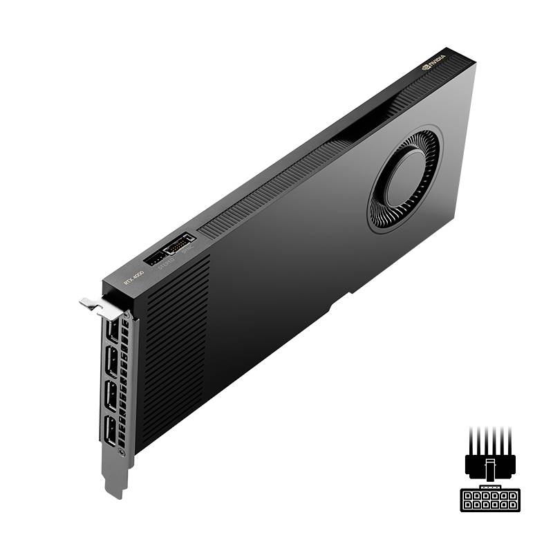 Une carte graphique noire avec ventilateur, modèle 'RTX 6000', équipée de plusieurs ports d'affichage et d'une connexion d'alimentation 12 broches.