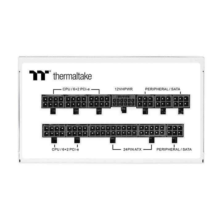 Arrière d'un bloc d'alimentation avec différents ports de connexion : 12VHPWR, CPU, PCI-E, ATX, Périphériques et SATA. Logo de la marque en haut à gauche.