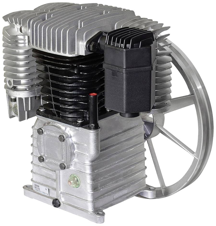 Un compresseur d'air métallique à ailettes, équipé d'une grande roue de ventilation, utilisé pour la production d'air comprimé dans des applications industrielles.