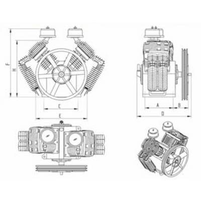 Dessin technique d'un moteur V avec plusieurs vues, cotations et détails de la disposition des cylindres et des composants du moteur.