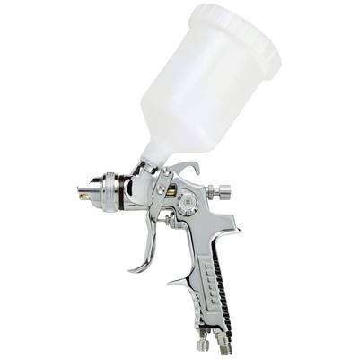 Pistolet pulvérisateur argenté avec un réservoir blanc. Il est utilisé pour appliquer uniformément de la peinture sur des surfaces.