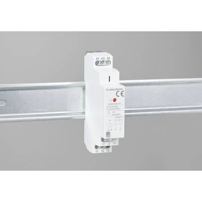 Un relais électrique est monté sur un rail métallique. Il présente divers bornes de connexion et un marquage CE sur sa face avant.