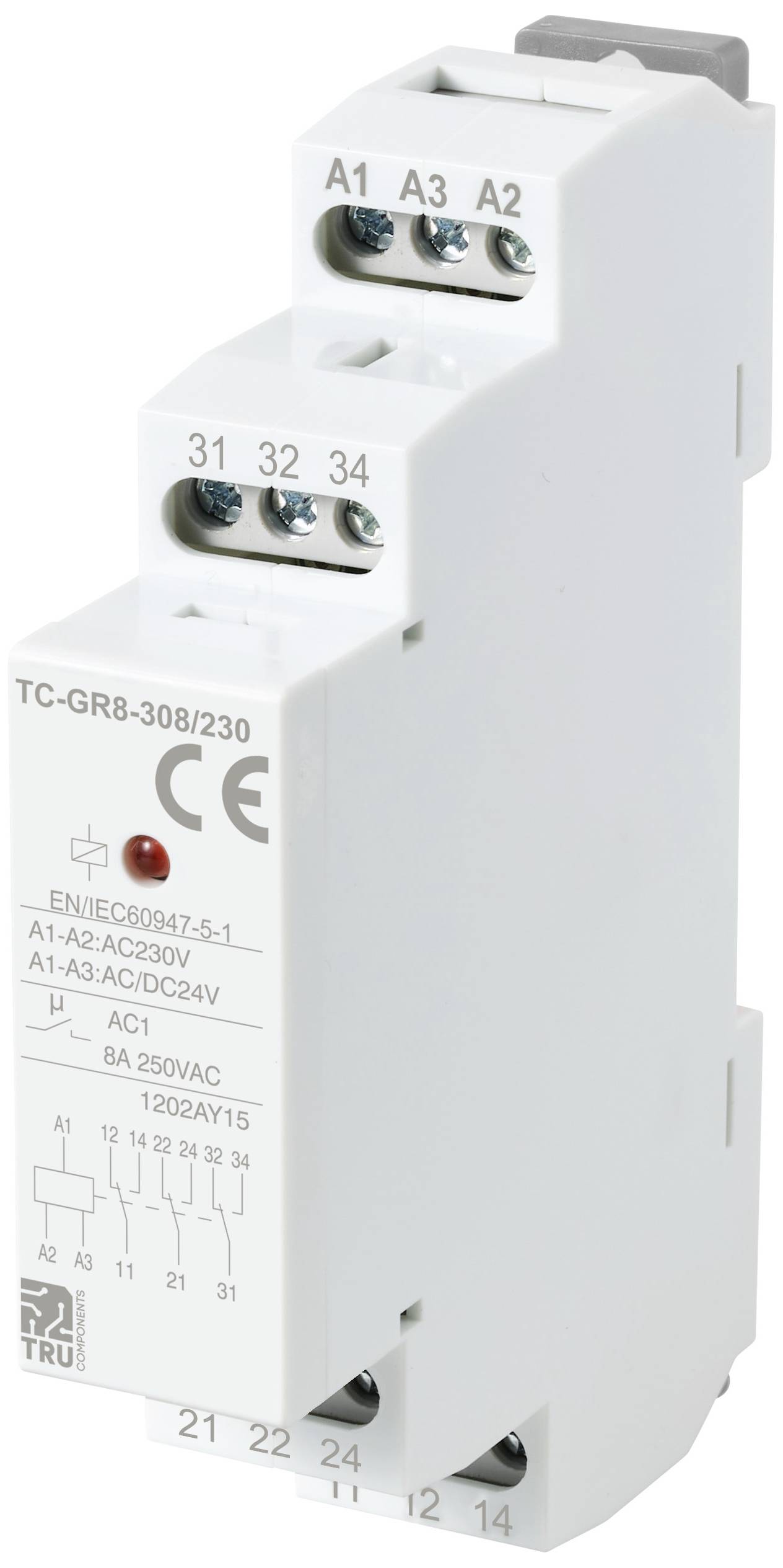 Un relais blanc avec l'inscription 'TC-GR8-308/230'. Il possède plusieurs bornes de connexion et convient aux circuits électriques.