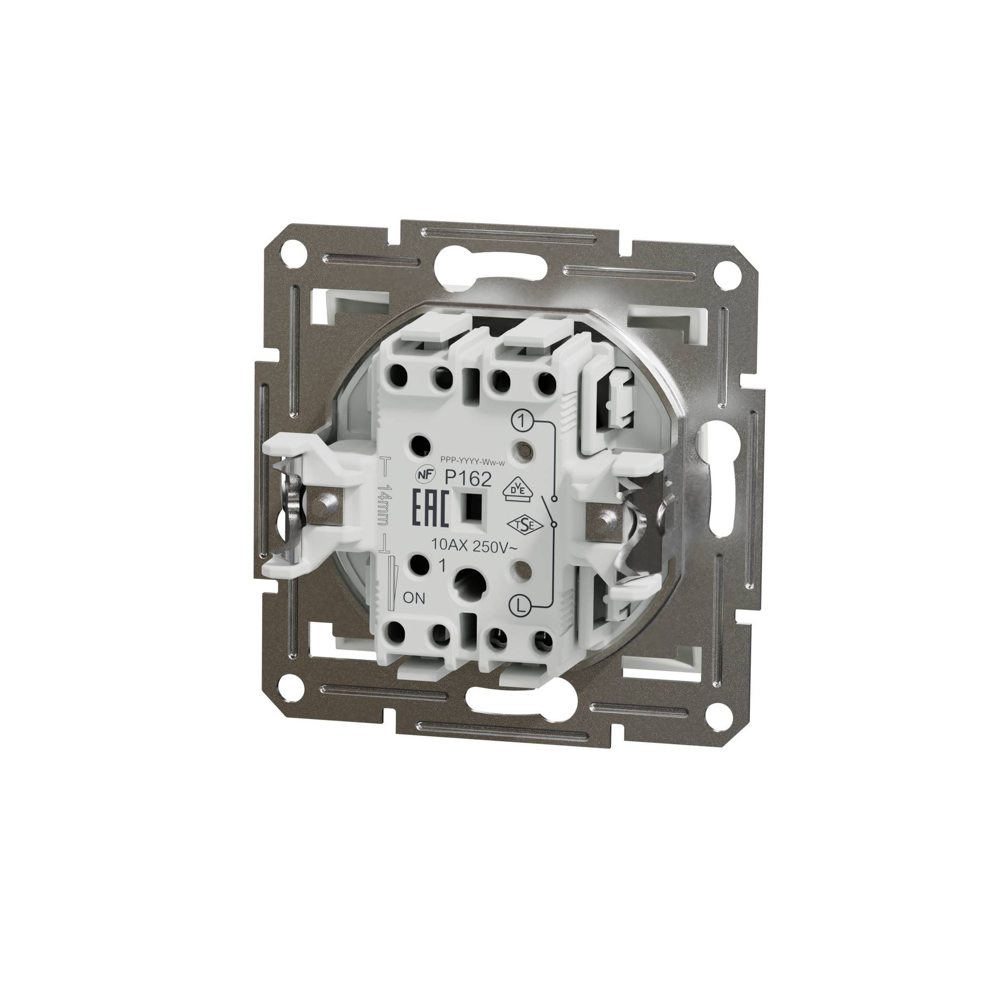 Interrupteur métallique et plastique, adapté pour installation dans une boîte d'encastrement. Marquage : 10AX 250V.