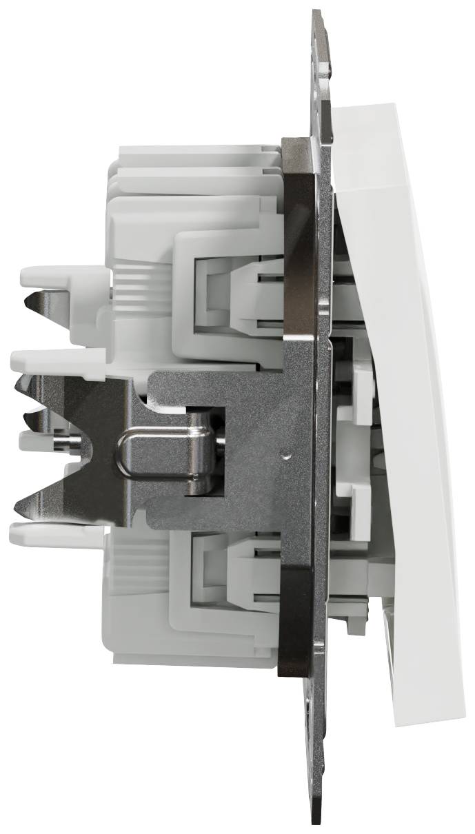 Vue latérale d'un interrupteur électrique avec un couvercle blanc et une fixation grise. Des éléments de fixation métalliques sont visibles.
