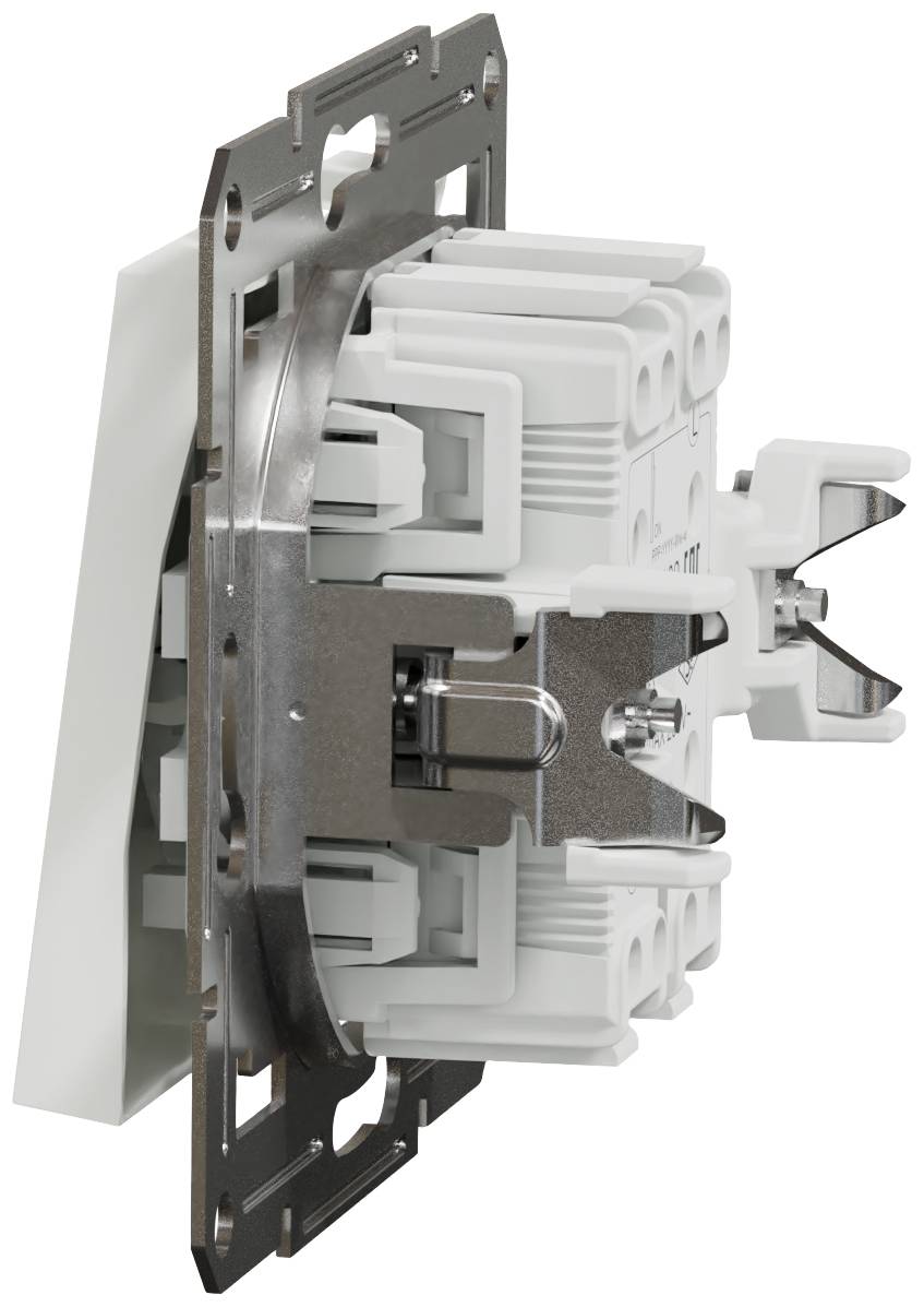 Interrupteur électrique en vue latérale. Montre la structure interne avec support métallique et composants en plastique.