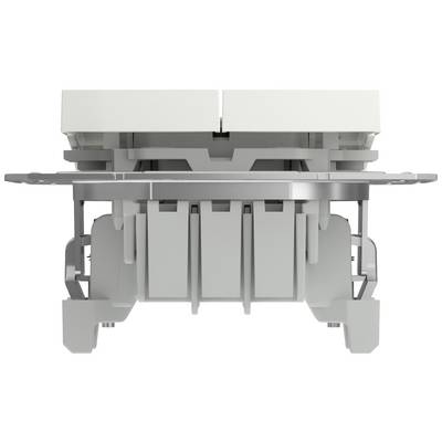 Vue latérale d'un interrupteur blanc rectangulaire au design épuré, intégré dans un support argenté.