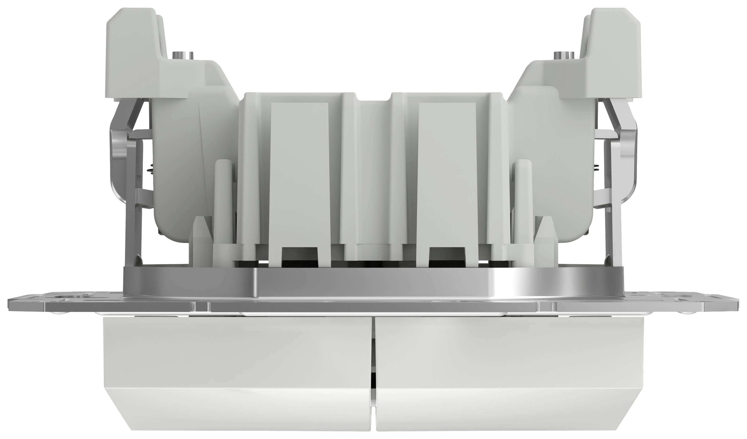 Un adaptateur électrique rectangulaire gris avec deux fiches et un cadre de montage métallique attaché, vu de dessus.