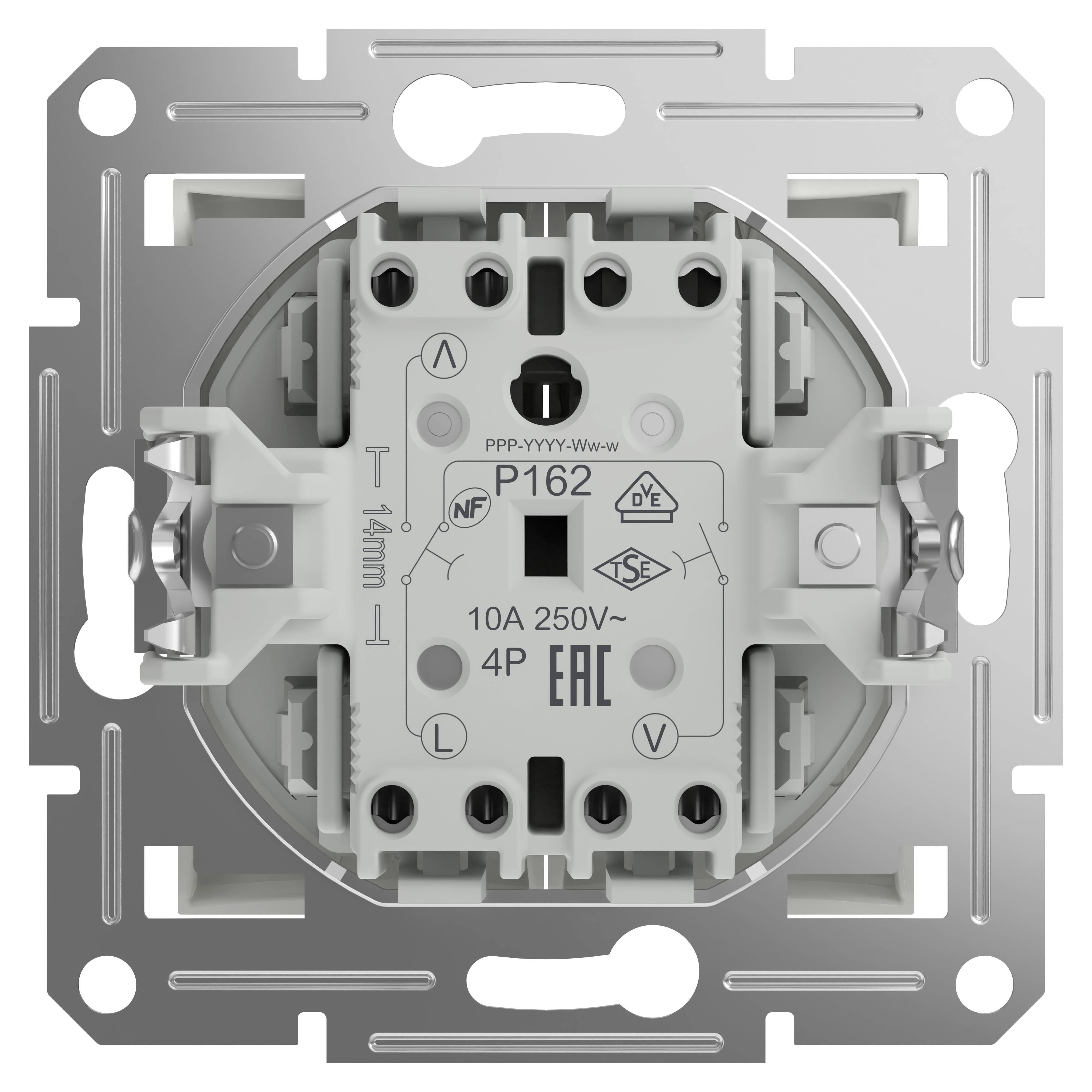 'Prise électrique à base carrée avec trous de fixation, convenant pour 10A, 250V.'