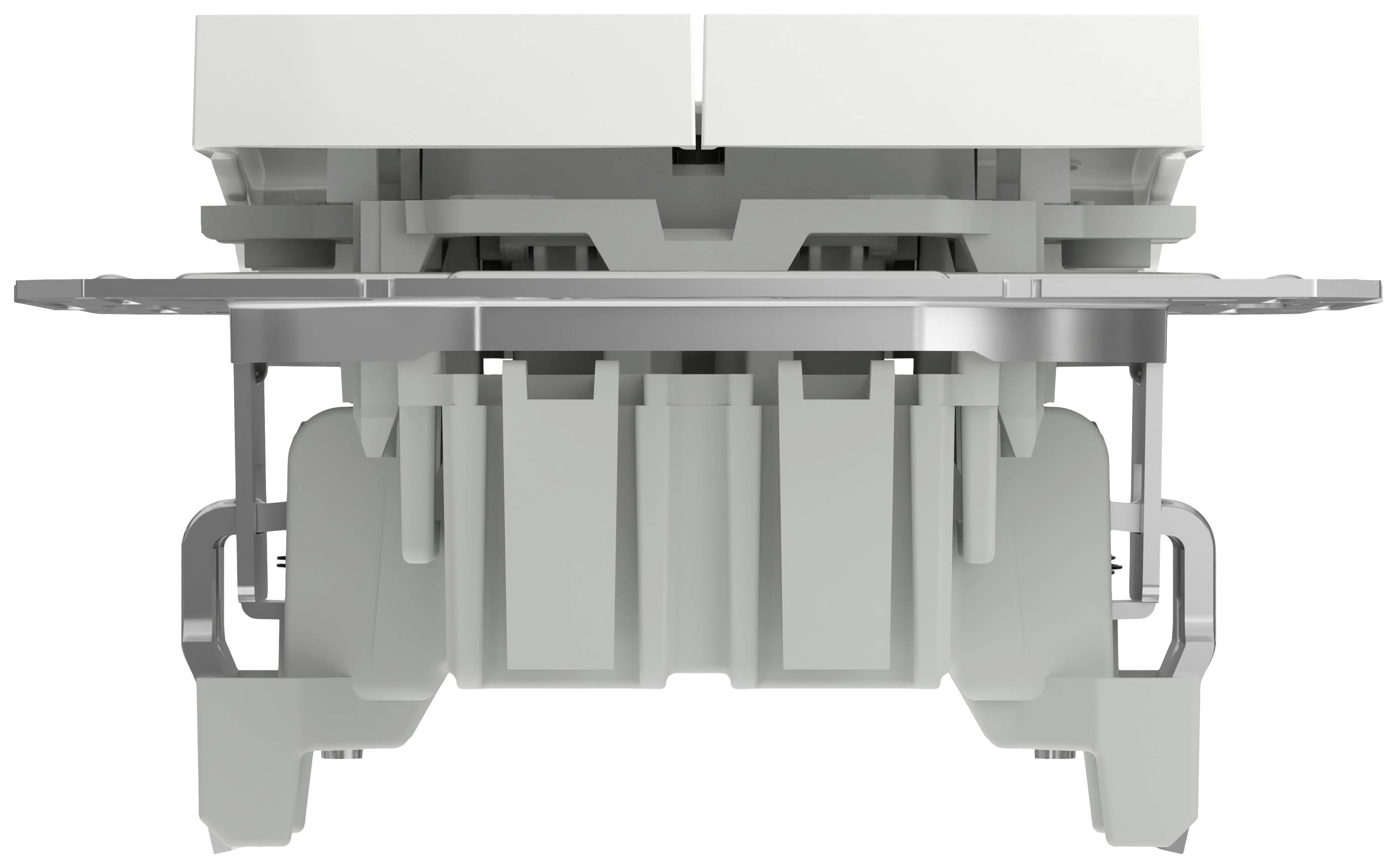 Prise électrique blanche, gros plan de côté, révélant les structures mécaniques internes et les éléments de fixation.