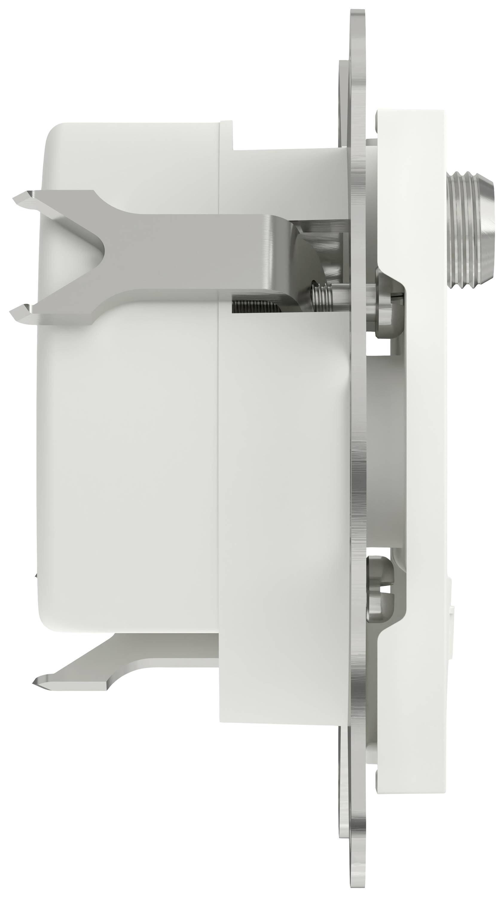Composant électrique latéral, montrant la structure de fixation et de connexion. Boîtier blanc avec des éléments métalliques.