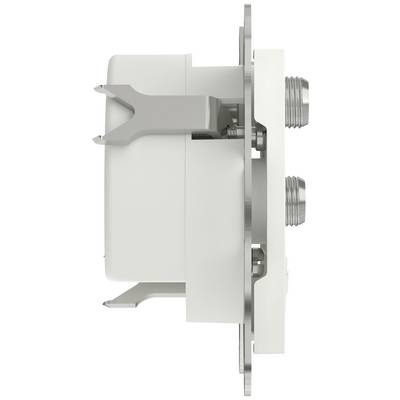 Vue latérale d'un connecteur blanc à deux filetages métalliques, monté sur une plaque métallique plate.