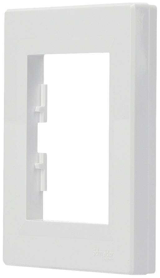 Un cadre rectangulaire blanc en plastique avec des supports intérieurs, adapté pour la fixation d'interrupteurs ou de prises électriques.