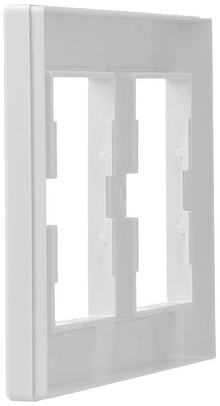 Cadre double blanc en plastique, adapté pour le montage de deux interrupteurs ou prises de courant, destiné à une utilisation en intérieur.
