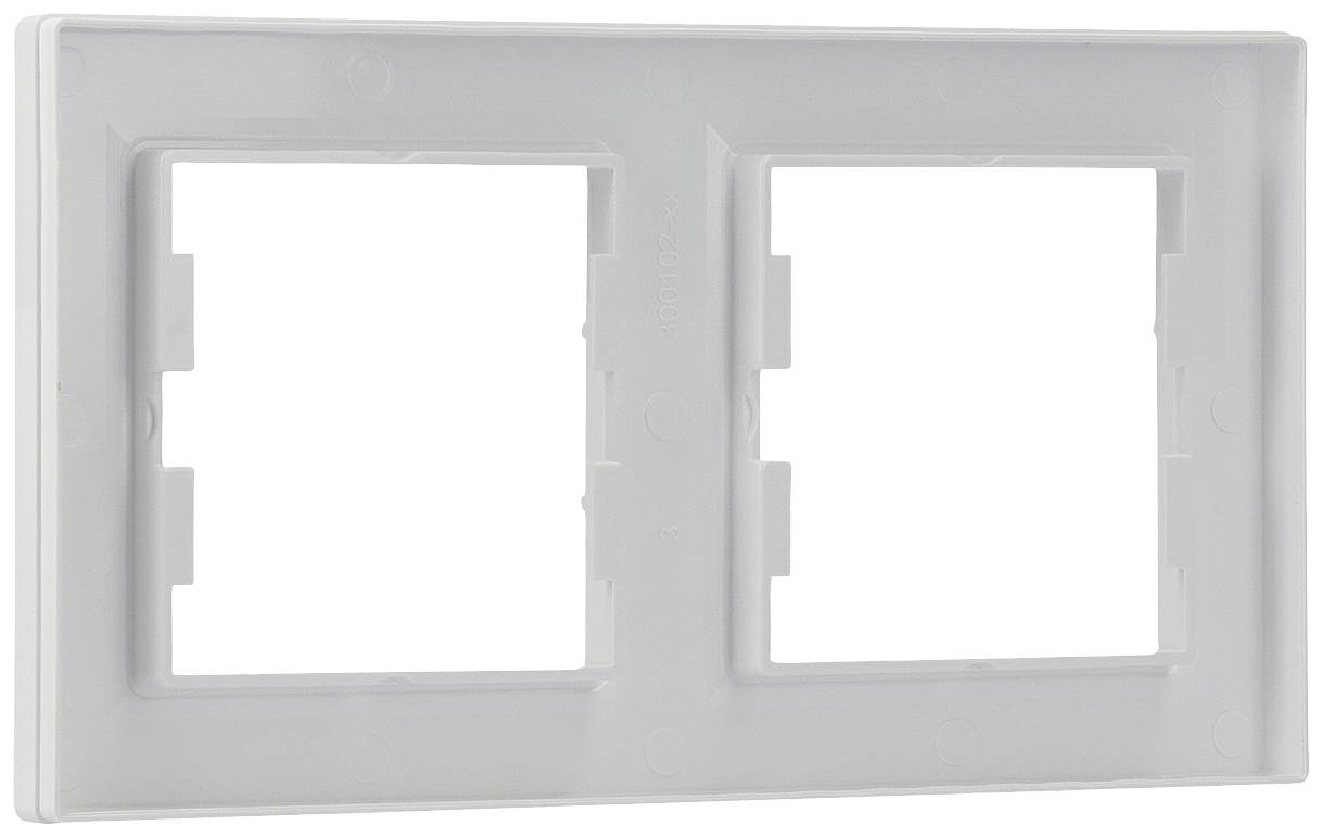 Cadre double rectangulaire blanc en plastique, adapté pour l'installation de deux prises de courant ou interrupteurs côte à côte.