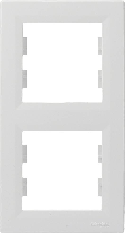 Plaque double blanche avec cadre pour interrupteurs ou prises, orientée verticalement.