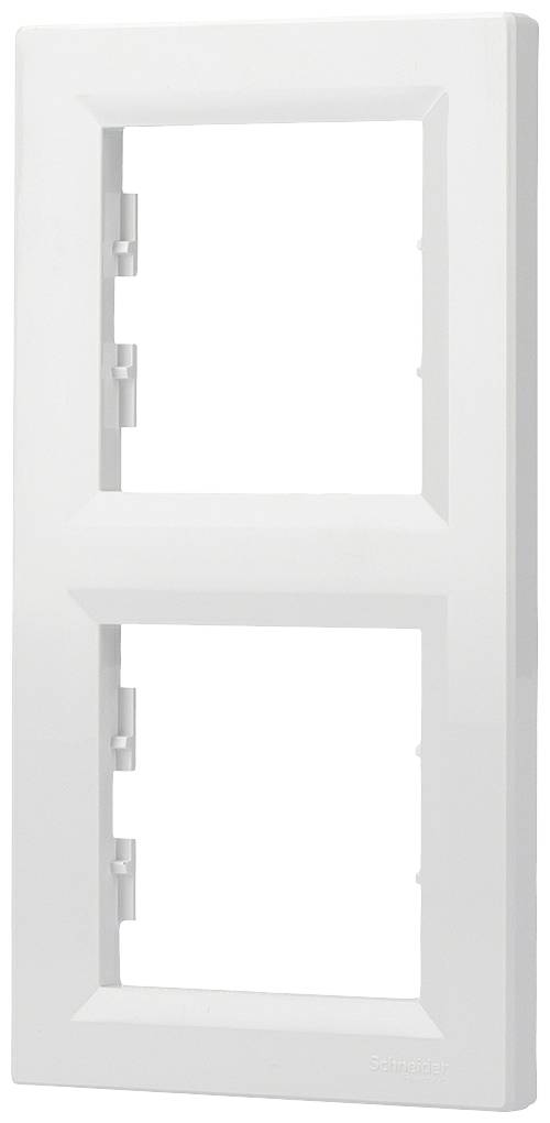 Un cadre double rectangulaire blanc en plastique, orienté verticalement, avec de l'espace pour deux interrupteurs ou prises de courant.