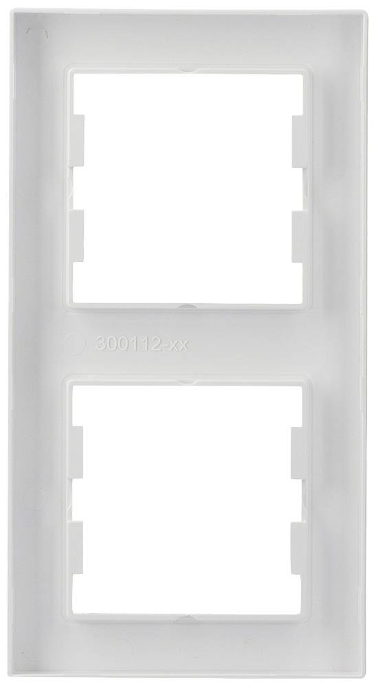 Cadre de support double blanc avec deux découpes carrées pour interrupteurs ou prises de courant, disposés verticalement.