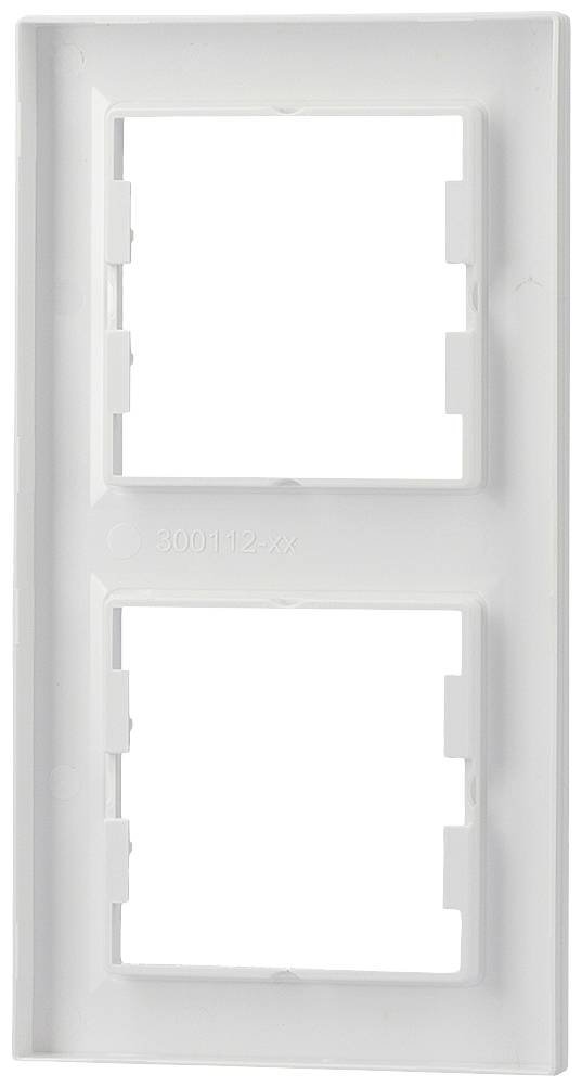 Plaque de recouvrement blanche à double cadre rectangulaire pour prises de courant ou interrupteurs, avec deux ouvertures placées verticalement l'une au-dessus de l'autre.