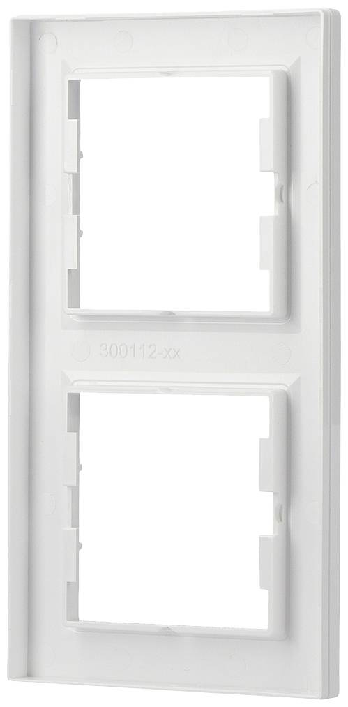 Plaque de cadre en plastique blanc avec deux ouvertures carrées, adaptée à l'installation d'interrupteurs ou de prises de courant.